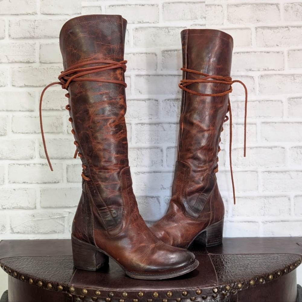 FreeBird By Steven COSMO Cognac Distressed Leather Back Lace Up Corset Boots 9 - Picture 7 of 13